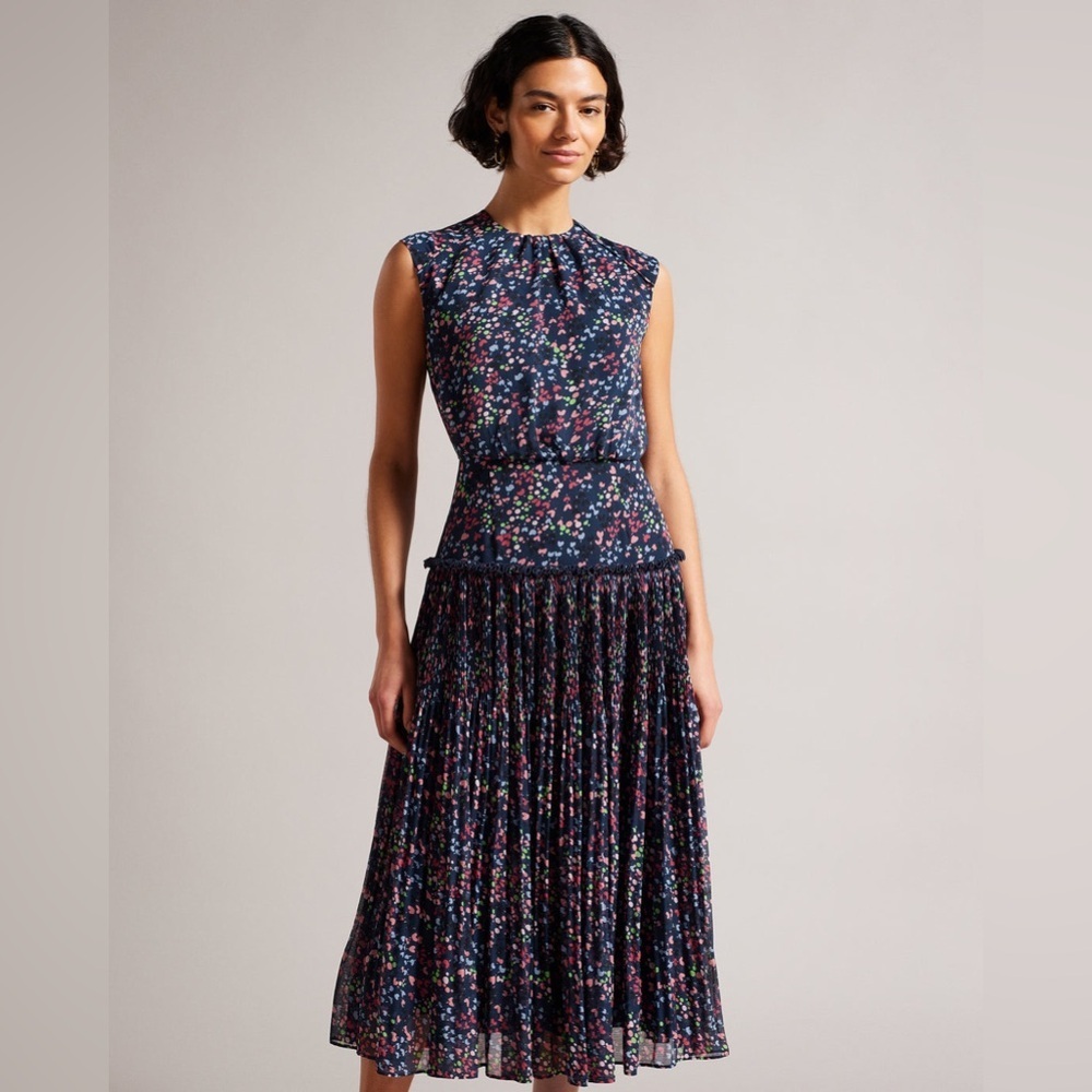 Ted Baker Coraal Midi Dress Navy Heart Print Sleeveless US 4 - Picture 3 of 13